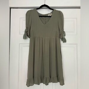 Olive Green V-Neck Dress with Button Up Back - Small